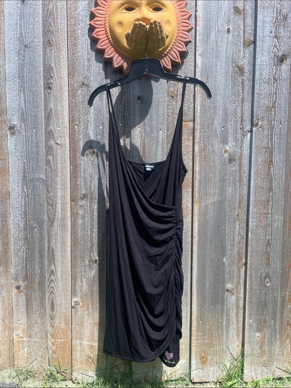 Bebe Black Ruched Mini Women's Dress with Crystal Heart detail